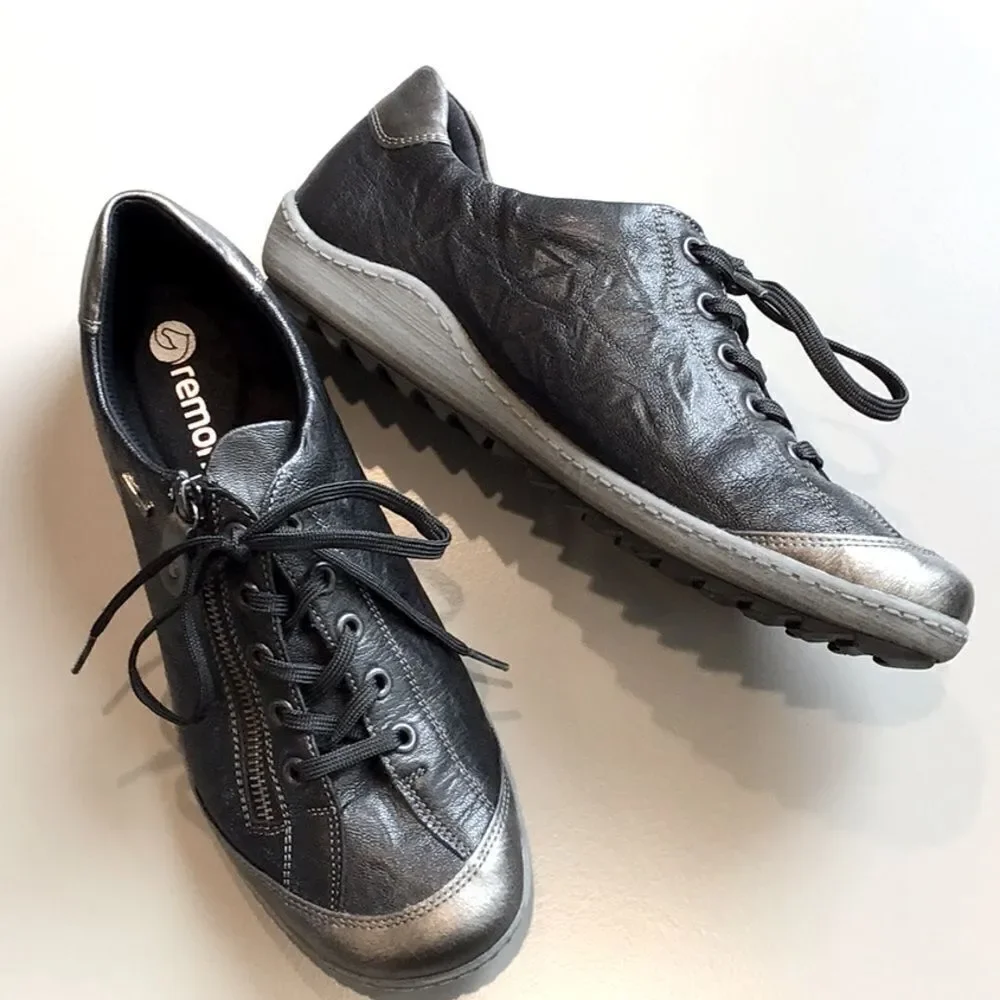 Remonte by Rieker Black Metallic Sheen Leather Zip Side Casual Lace Up Sneakers - Picture 6 of 16